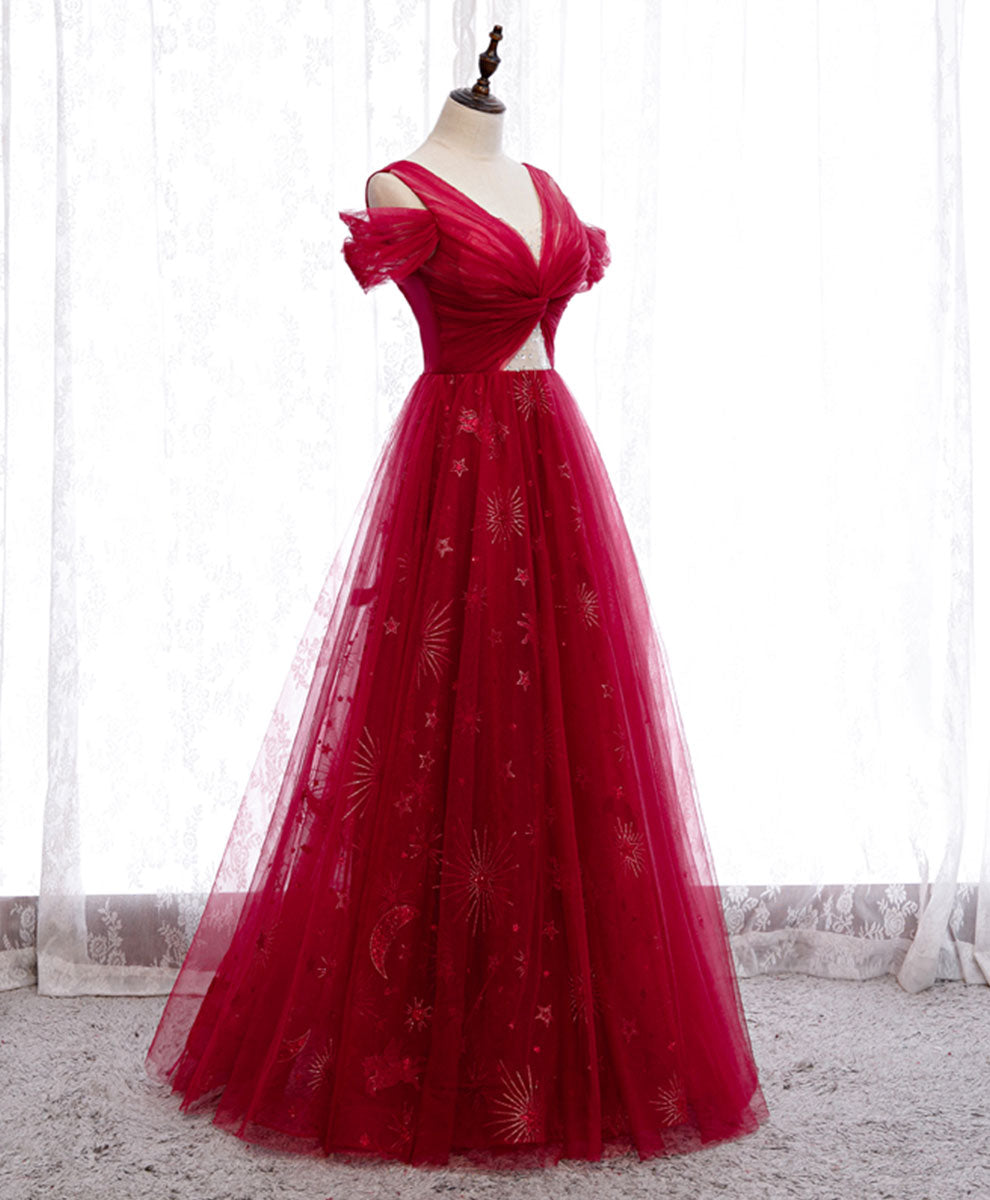 Evening Dress Near Me, Burgundy V Neck Tulle Lace Long Prom Dress Burgundy Evening Dress