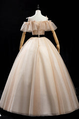 Prom Dress Elegent, Champagne Shiny Tulle Floor Length Prom Dress, Off the Shoulder Evening Dress