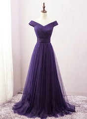 Party Dresses Long Dress, Dark Purple Sweetheart Tulle Off Shoulder Bridesmaid Dress, Long Prom Dress