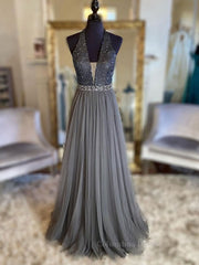 Prom Dresses Elegent, Gray v neck tulle beads long prom dress, gray tulle formal dress